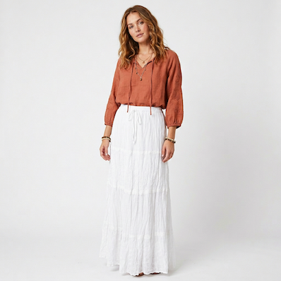 White 4 Panel Embroidered Cotton Maxi Skirt
